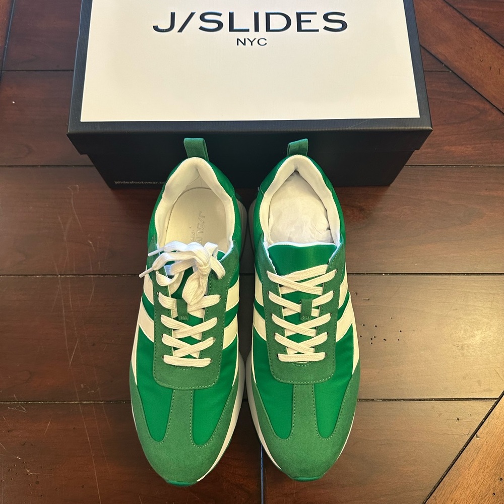 J Slides Green and White Sneakers
